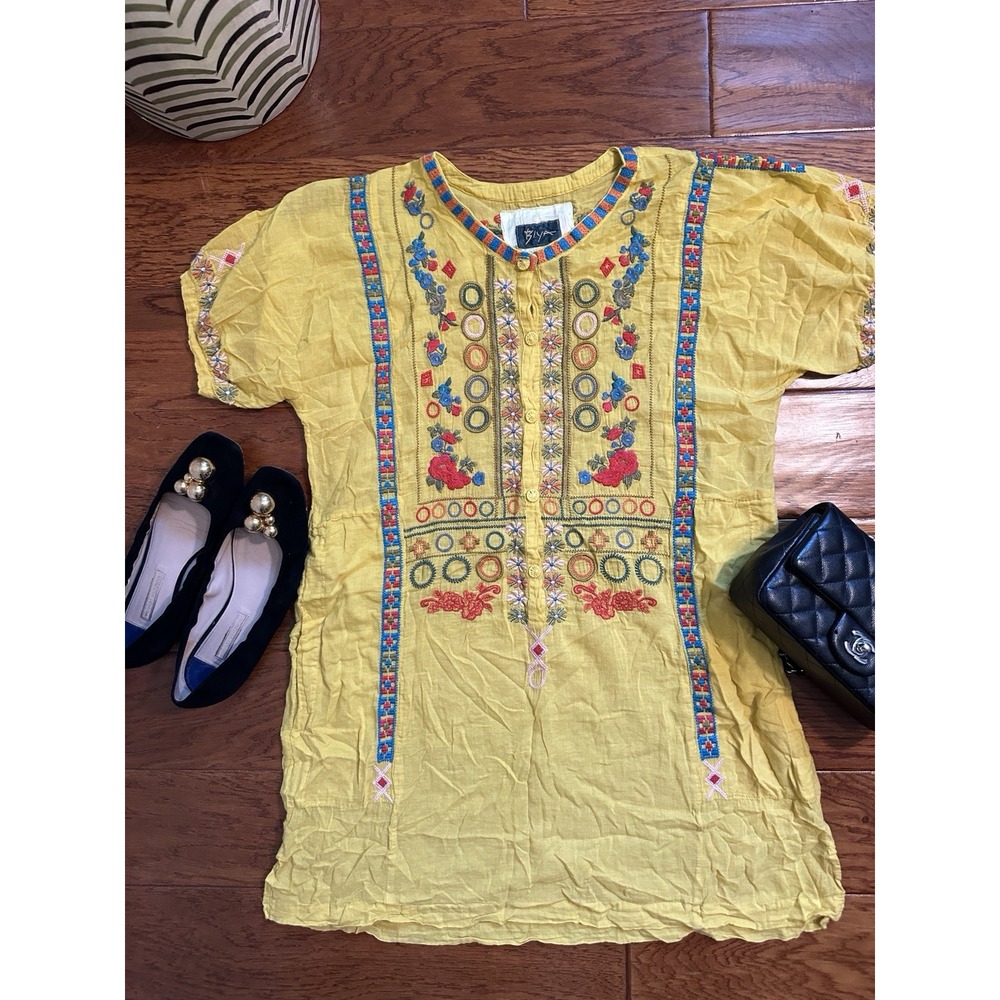 Biya Johnny Was Yellow Floral Embroidered Cotton Tunic Top Shirt Womens Small